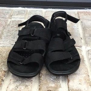 5/$20 Ecco sandals, black suede. Size 40 (9.5). Velcro closures.